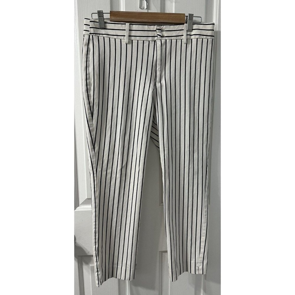 CATHERINE MALANDRINO Ivory Pants With Navy Pinstripe Size 8 Fabric Buttons